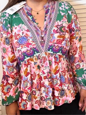Hale Bob Pink, Green & Purple Floral Tunic Top